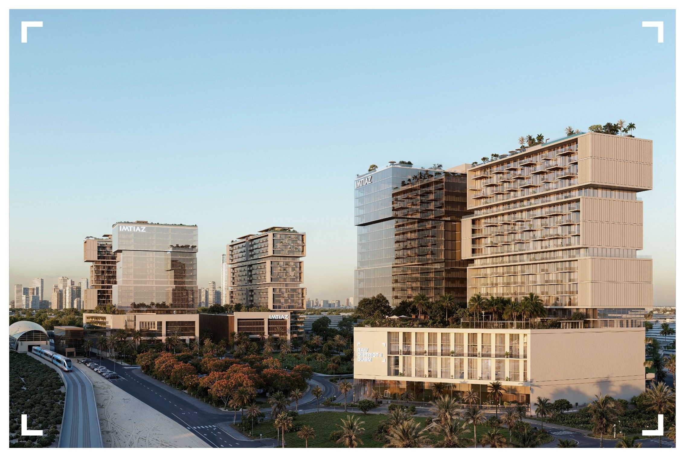 RAW District II. Aerial render showing metro station, Flame Tree Park and both RAW District towers on SZR